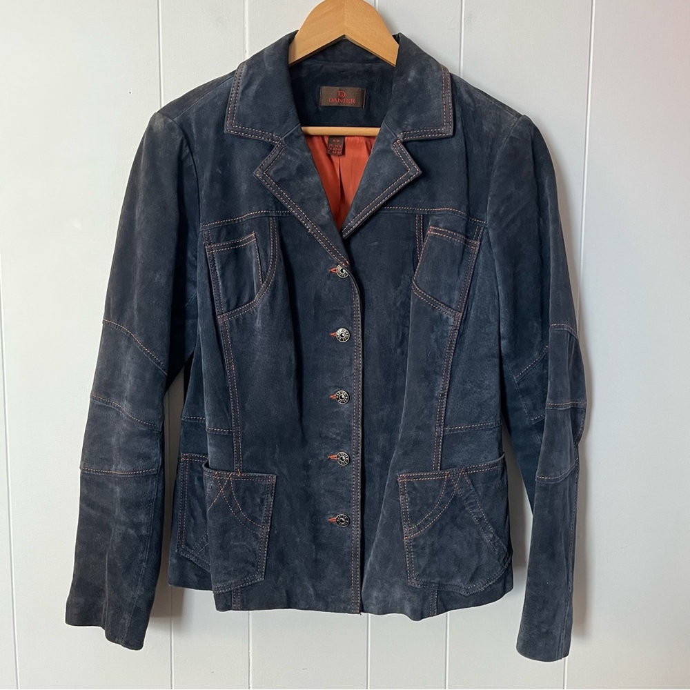 Vintage Danier Suede Leather Denim Blue Jacket Orange Contrast Stitching Y2K